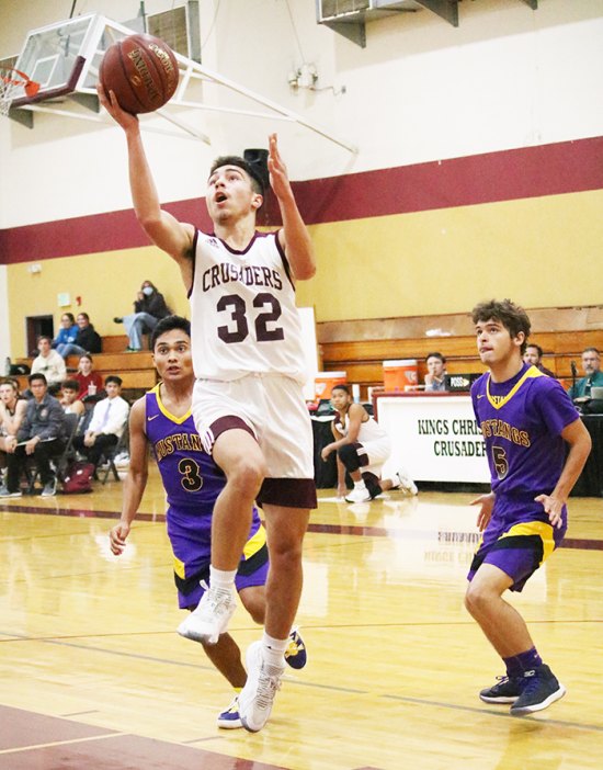 Kings Christian Crusaders outscore visiting Minarets 64-43, improve to 2-2 while girls lose narrowly, 43-38 Crusader Ronnie Rocha scored 41 points in a recent game against visiting Minarets High School.